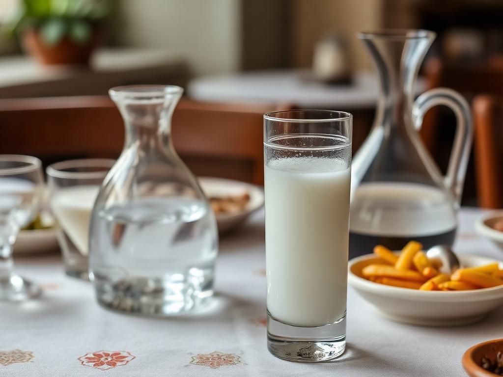 Maidonvalkoista anisviinaa korkeassa lasissa vesikannun vieressä