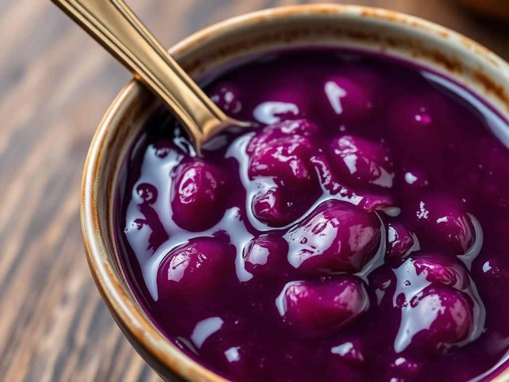 Syvän violettia makeaa jamssitahnaa kulhossa lusikan kanssa