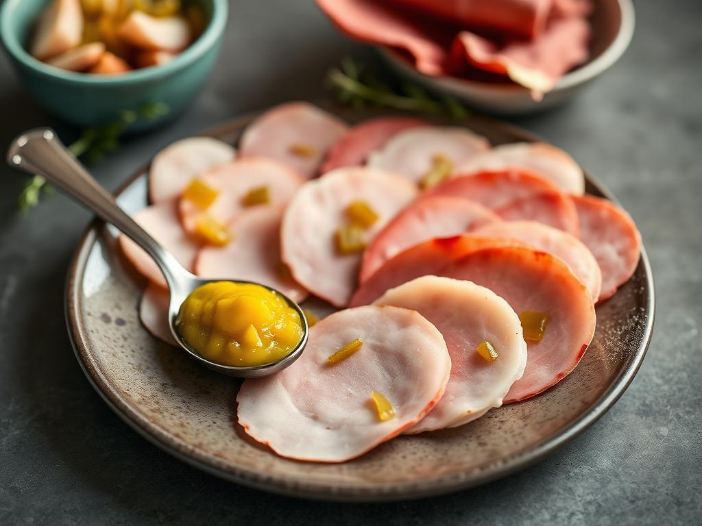 Ohuita vaaleita leikkeleviipaleita lautasella sinapin kanssa