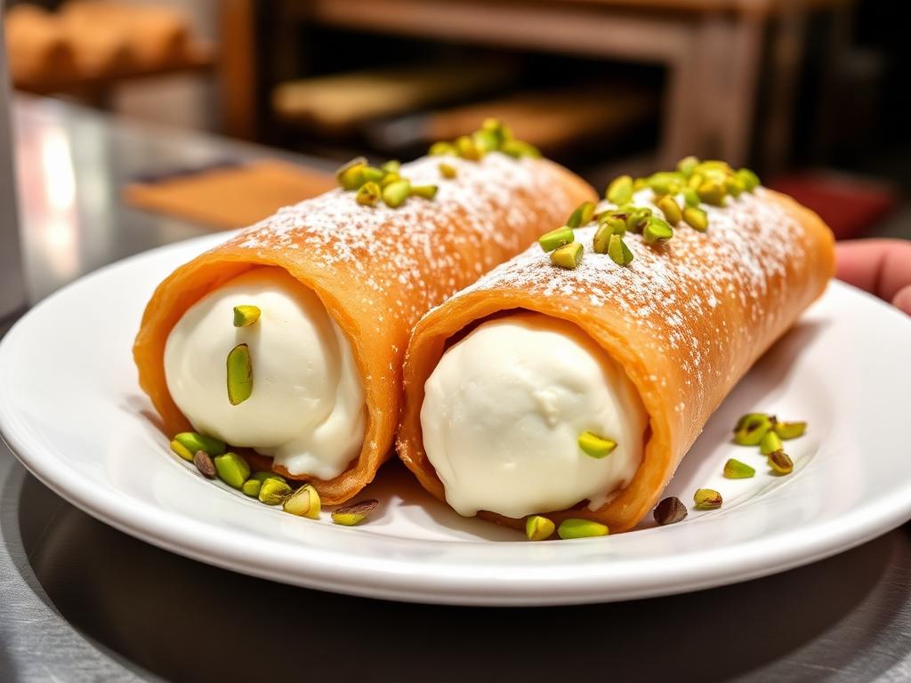 Kaksi ricottatäytteistä torvea pistaasirouheella lautasella