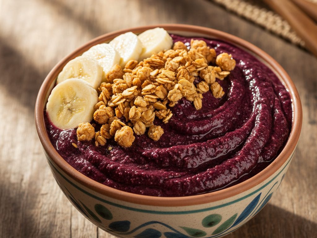 Tumma açaí-kulho banaanin ja granolan kera