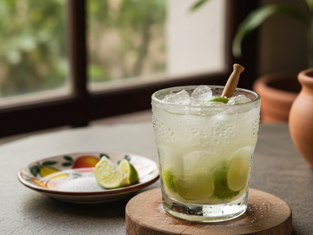Caipirinha-cocktail limelohkoineen lasissa