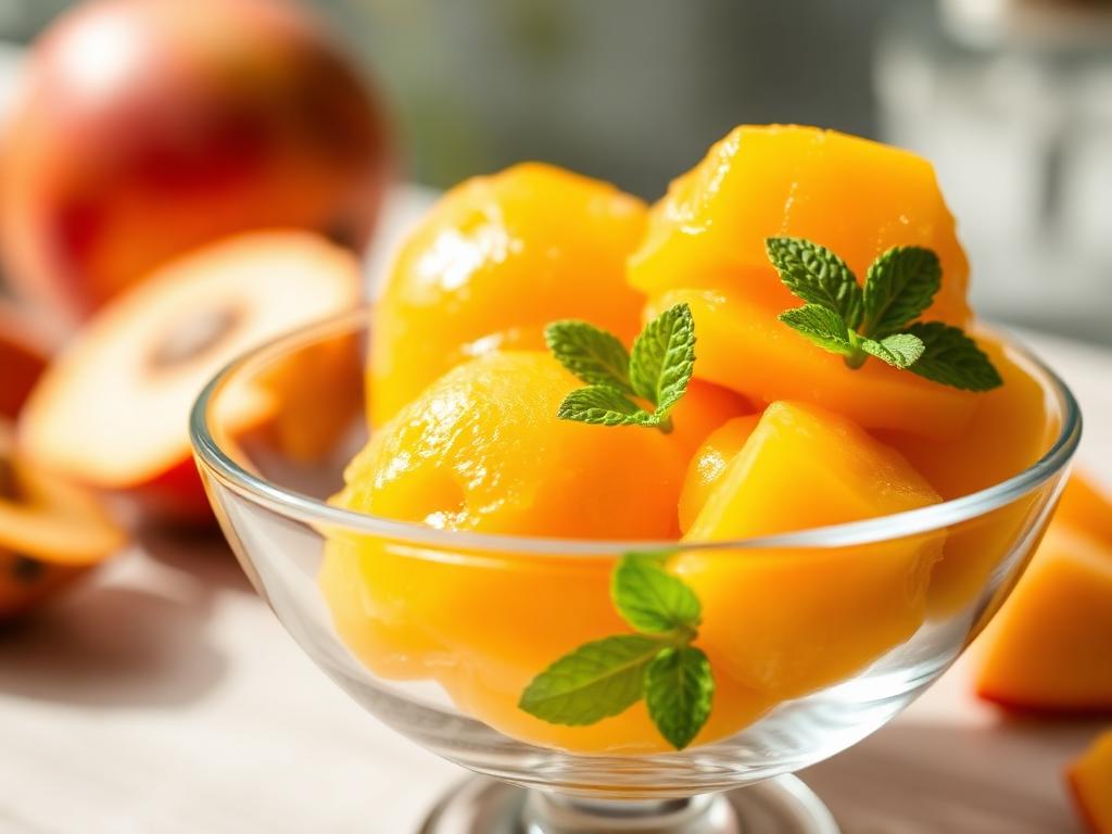 Oranssia mangosorbettia kulhossa tuoreiden mangoviipaleiden kanssa