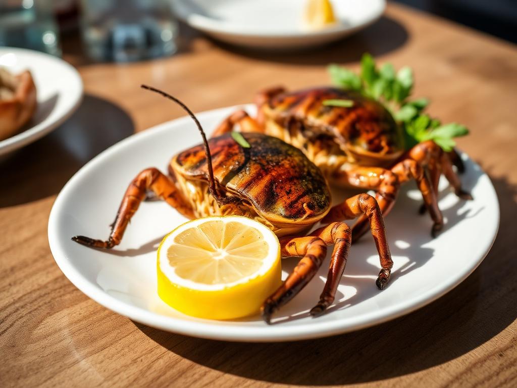 Halkaistuja grillattuja äyriäisiä lautasella limetin kanssa