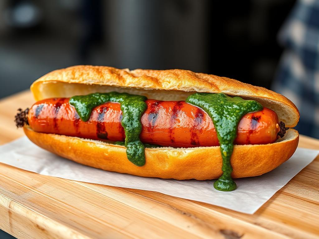 Halkaistu grillattu makkara leivässä vihreän kastikkeen kanssa