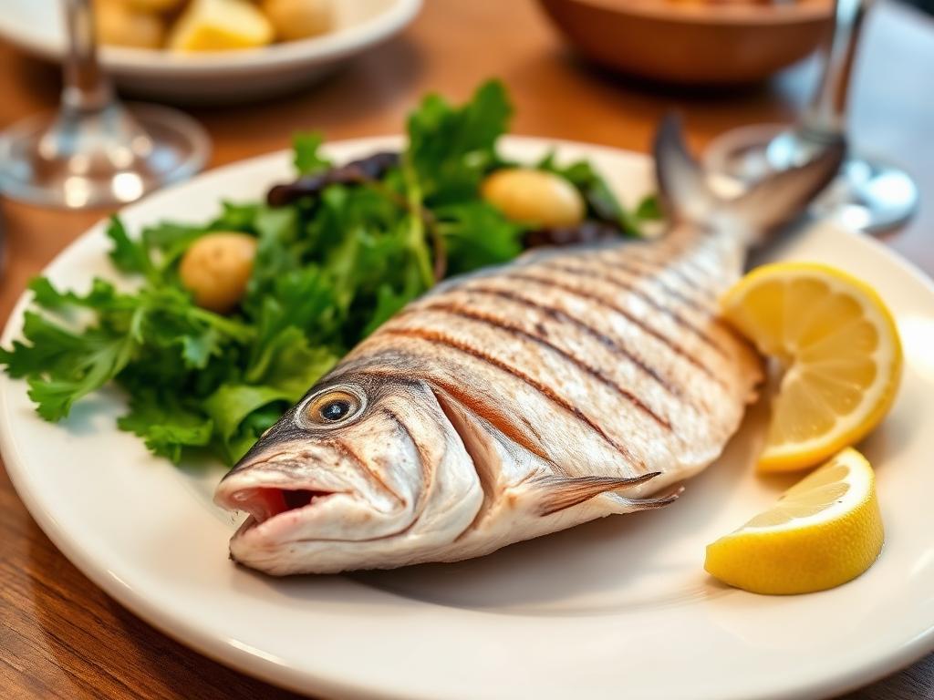 Grillattu valkoinen kalafile rapealla nahalla sitruunan kanssa