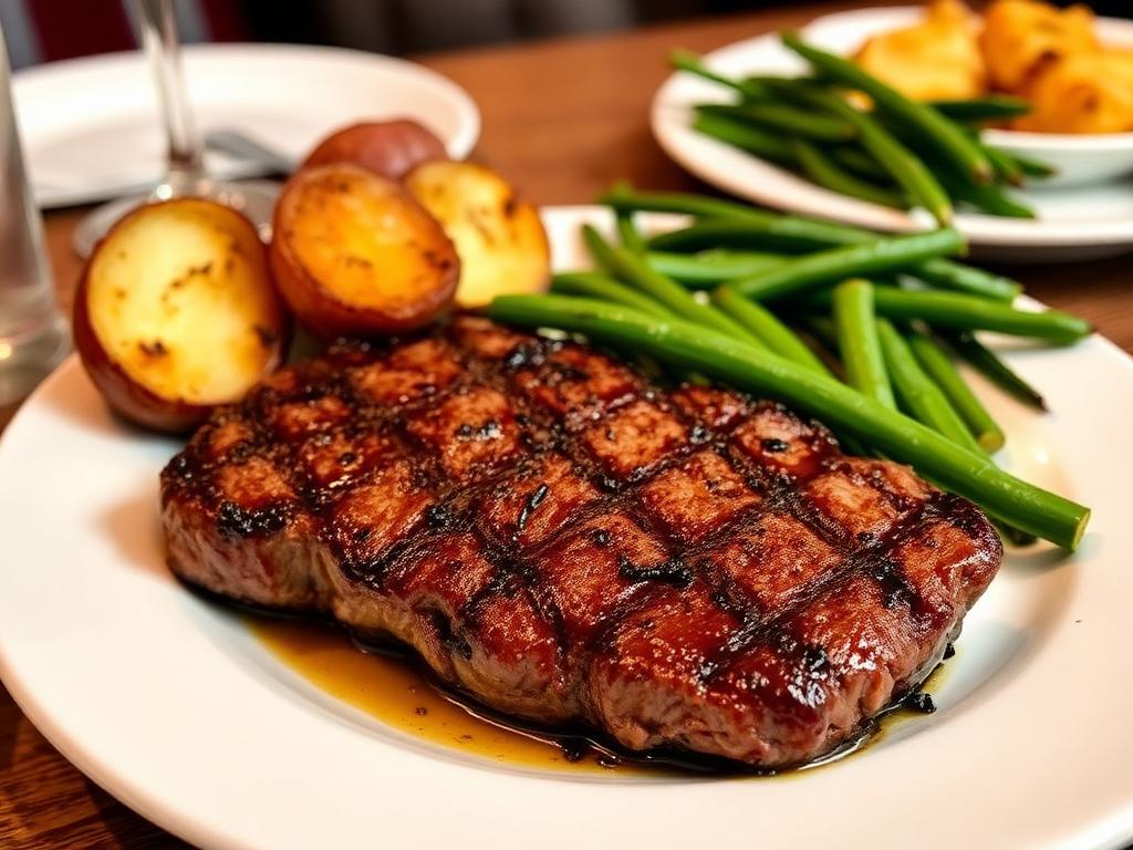 Grillattu paksu naudanpihvi lautasella lisukkeiden kanssa