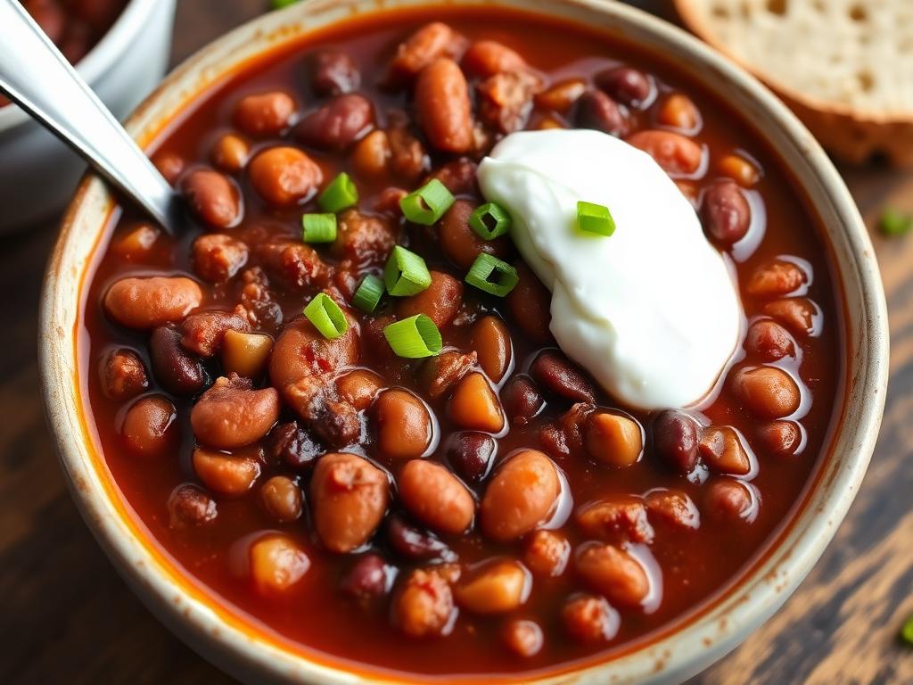 Kulhollinen tummaa lihaista chilipataa papujen kanssa