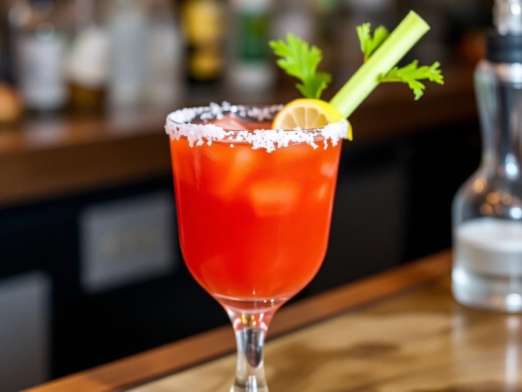 Punainen cocktail korkeassa lasissa sellerinvarren kanssa