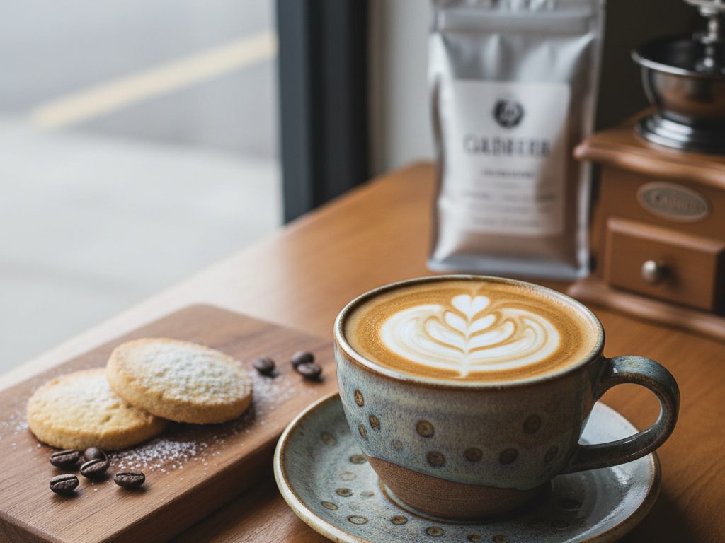 Flat white -kahvi valkoisessa kupissa kahvilan pöydällä