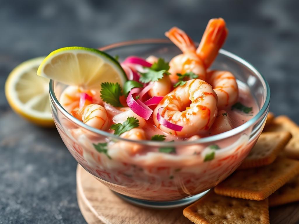 Katkarapucevicheä lasikulhossa limen ja korianterin kanssa