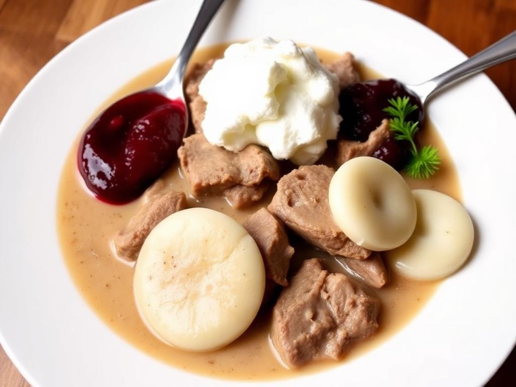 Naudanlihasiivuja vaaleassa kastikkeessa höyryleipäviipaleiden ja karpalon kanssa