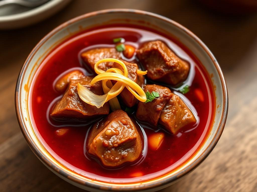 Paksu ruskea possucurry inkiväärisuikaleiden kanssa kulhossa