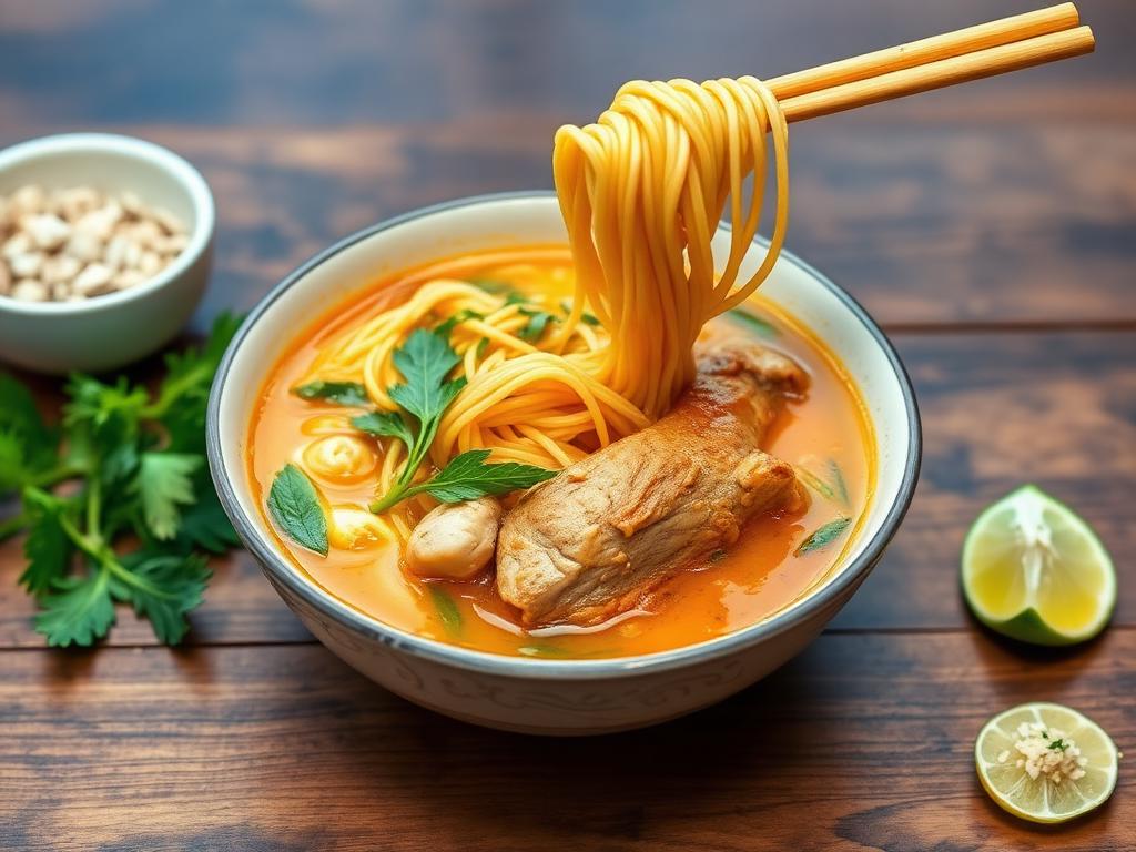 Keltainen currynuudelikeitto rapeiden nuudeleiden ja limen kanssa