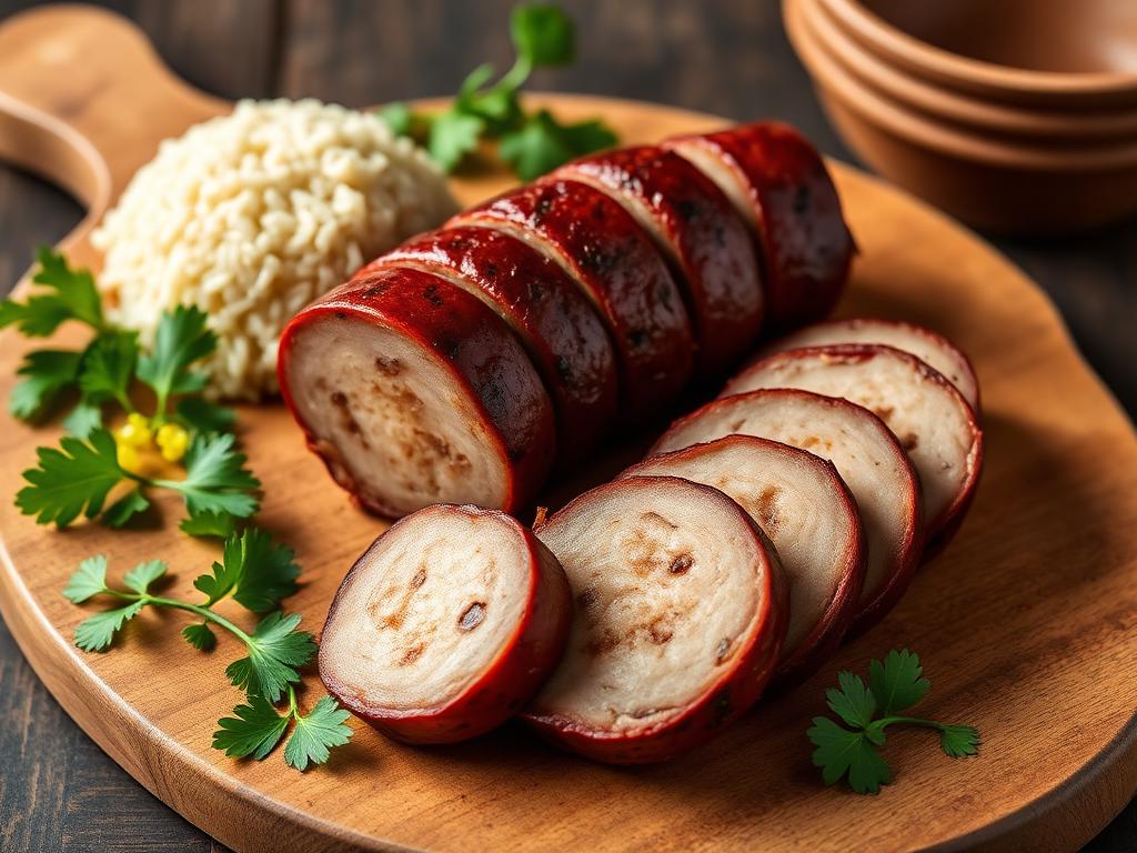 Kierteelle käärittyä grillattua yrttimakkaraa leikkuulaudalla