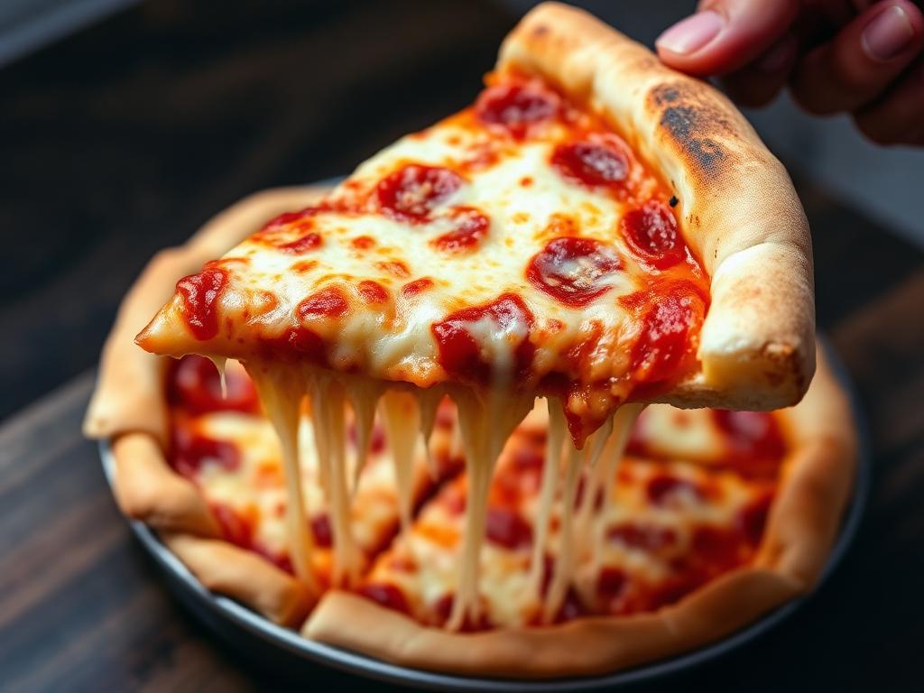 Paksureunainen pizzaviipale juustolla ja tomaattikastikkeella