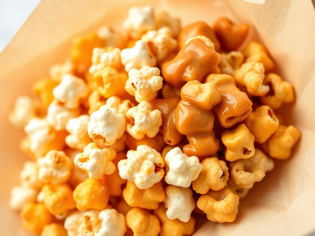 Sekoitus oranssia ja ruskeaa popcornia paperitötterössä