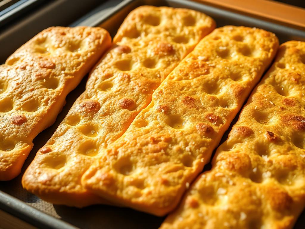 Kultaisia focaccia-paloja karkealla suolalla leipomon tiskillä