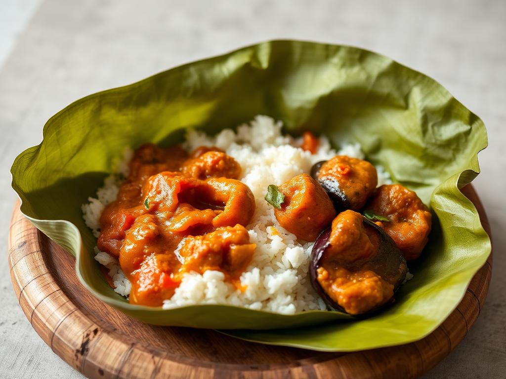 Avattu banaaninlehtikääre riisin ja curryjen kanssa