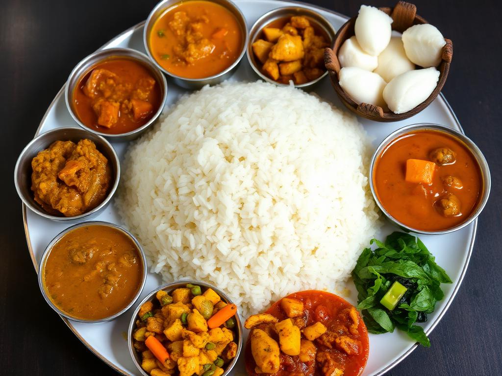 Riisiä ja useita pieniä curry-kulhoja tarjottimella