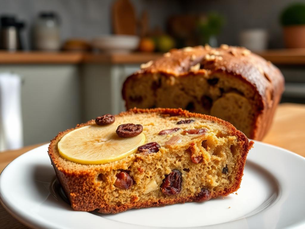 Pala tummaa hedelmäistä leipäkakkua lautasella