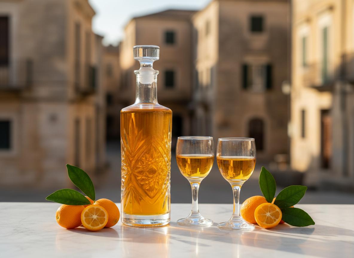 Kumquat-likööri oransseissa pulloissa