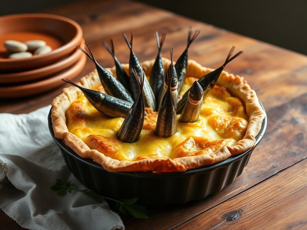 Piirakka, jonka kuoren läpi näkyy kalojen päitä