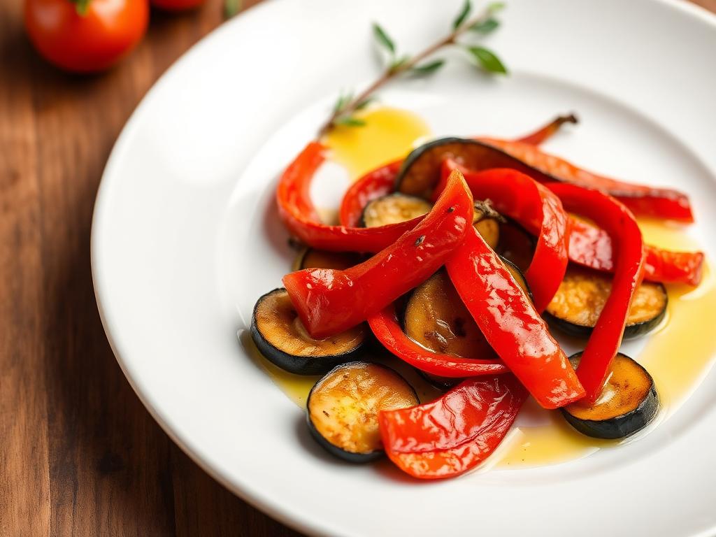 Paahdettuja paprika- ja munakoisosuikaleita lautasella oliiviöljyssä