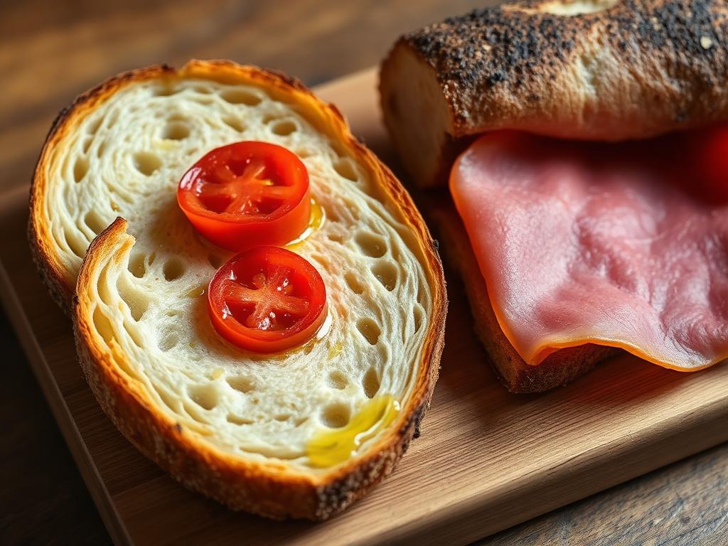 Paahdettua leipää tomaatilla ja oliiviöljyllä lautasella