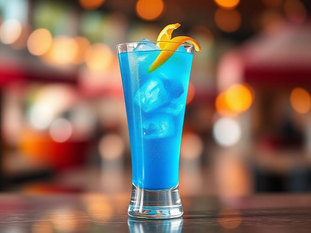 Kirkkaan sininen drinkki korkeassa lasissa jään kanssa