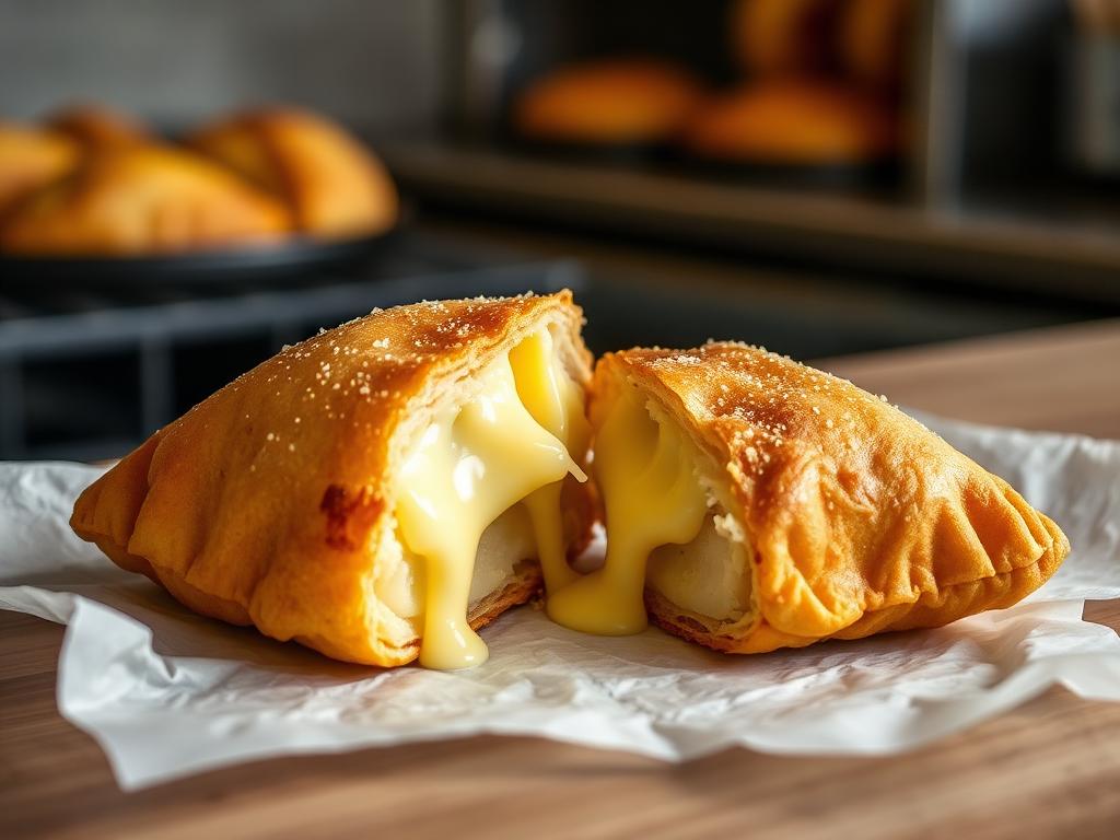 Friteerattu juustopiiras halkaistuna paperilla