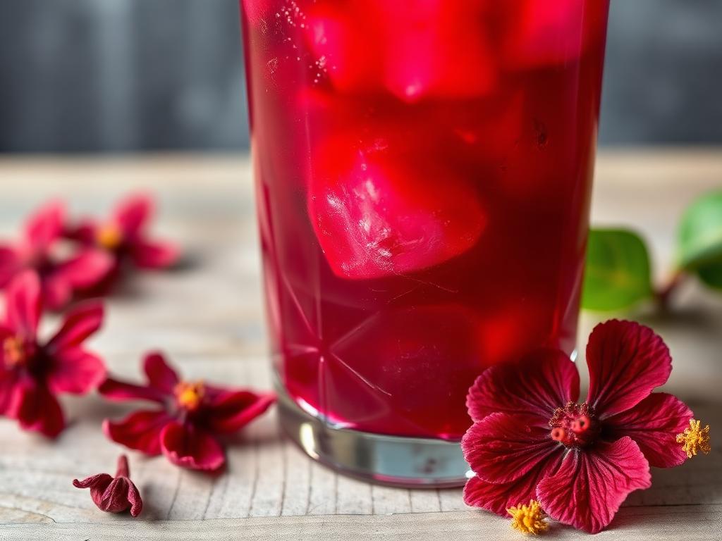Syvänpunainen hibiskusjuoma lasissa jäiden kanssa