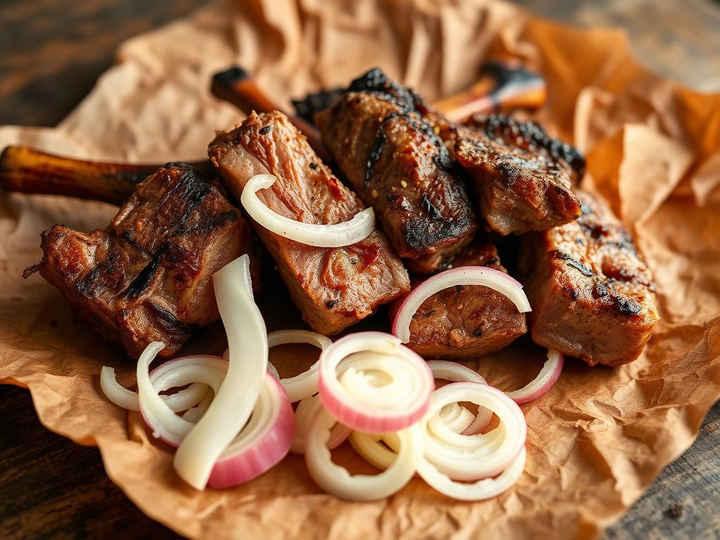 Grillattuja lampaanlihapaloja sipulien kanssa paperilla