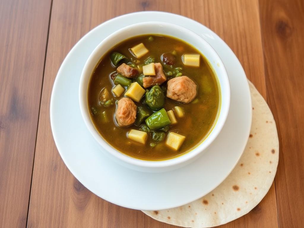 Kulhollinen vihertävää lihaisaa chilipataa tortillan vieressä