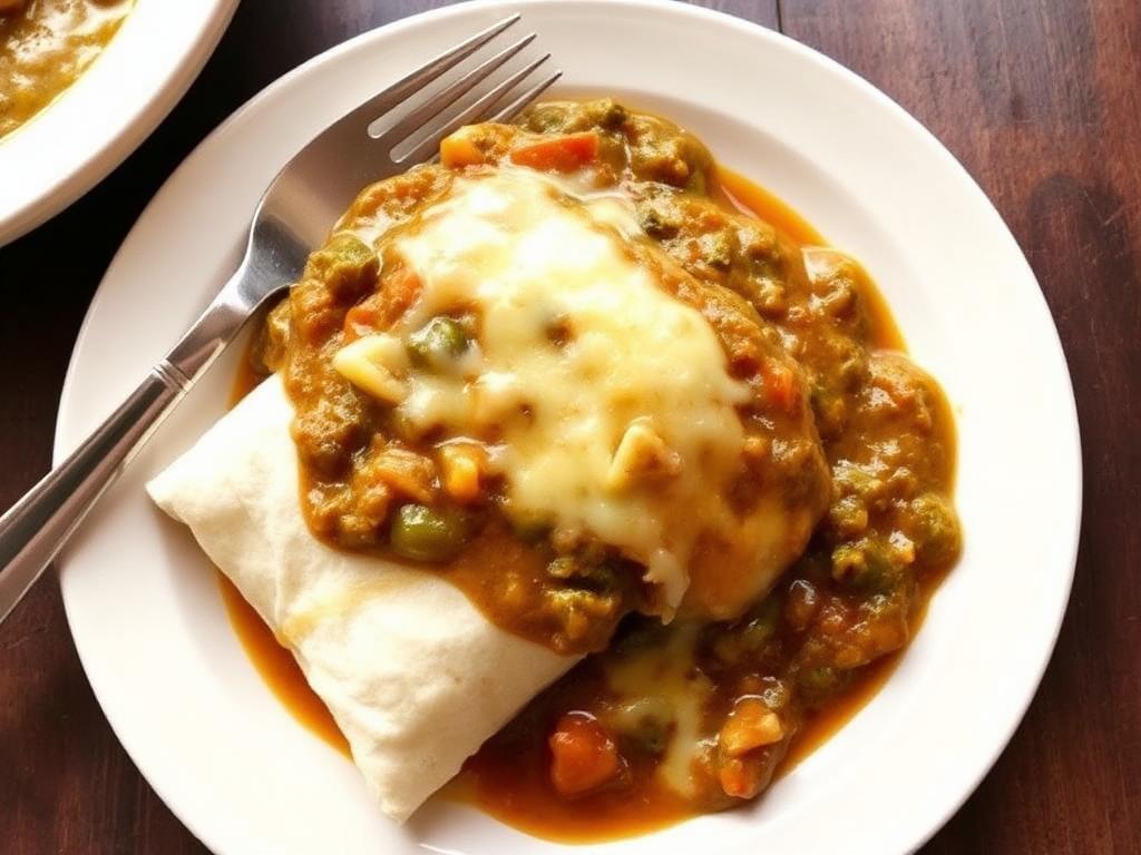 Burrito lautasella vihreän kastikkeen ja sulaneen juuston peitossa