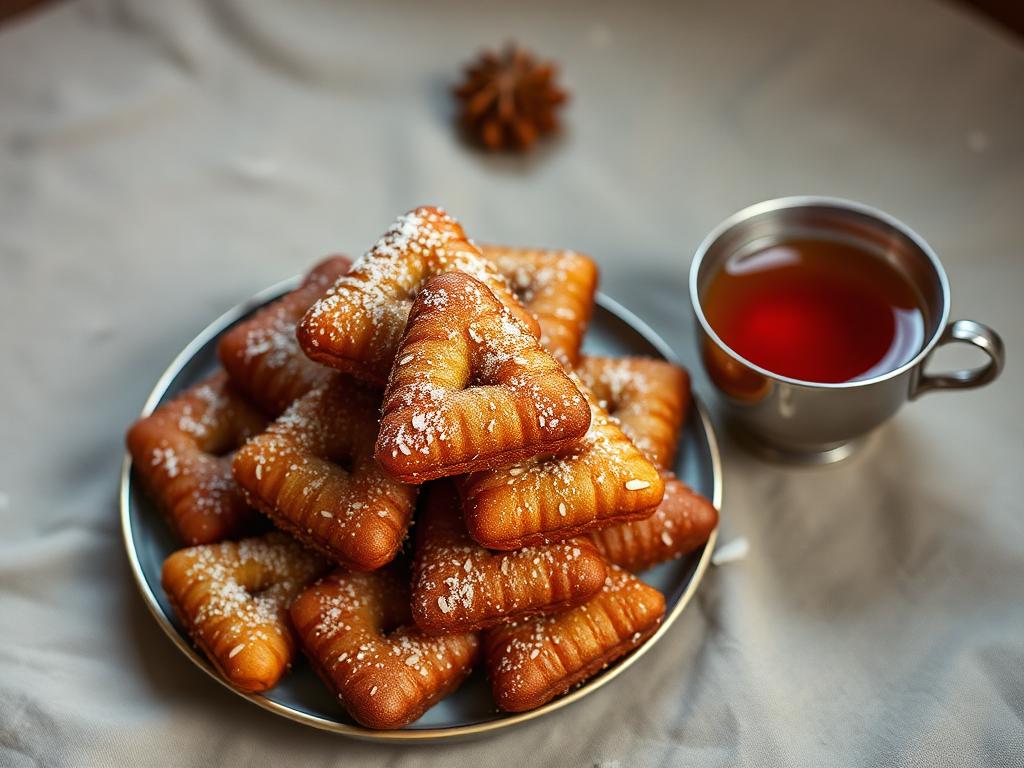 Kolmionmuotoisia paistettuja munkkeja papupadan vieressä