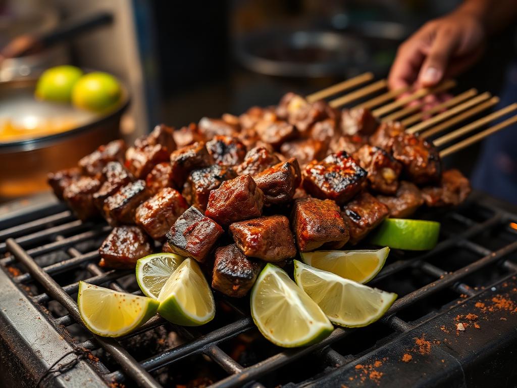 Grillattuja lihavartaita hiiligrillillä limettilohkojen kanssa