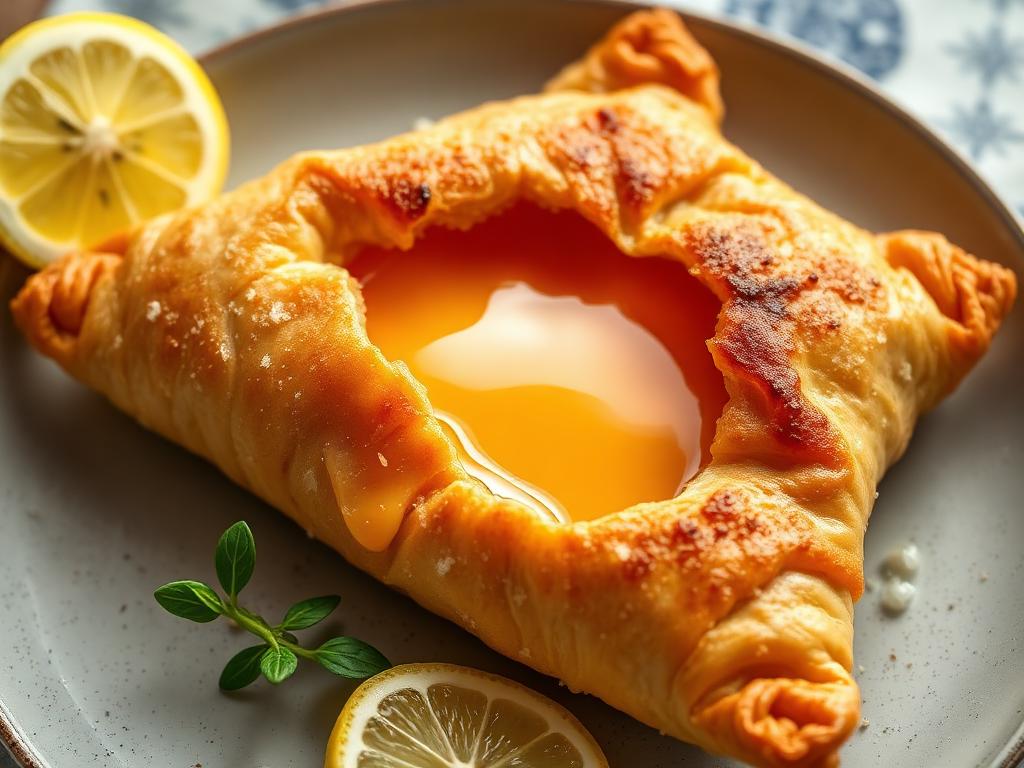 Rapea kolmiomainen taikinaleivos juoksevalla keltuaisella lautasella