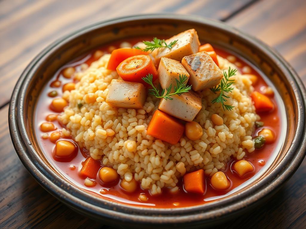 Couscousvuori kalapalojen ja vihannesten kanssa savivadilla