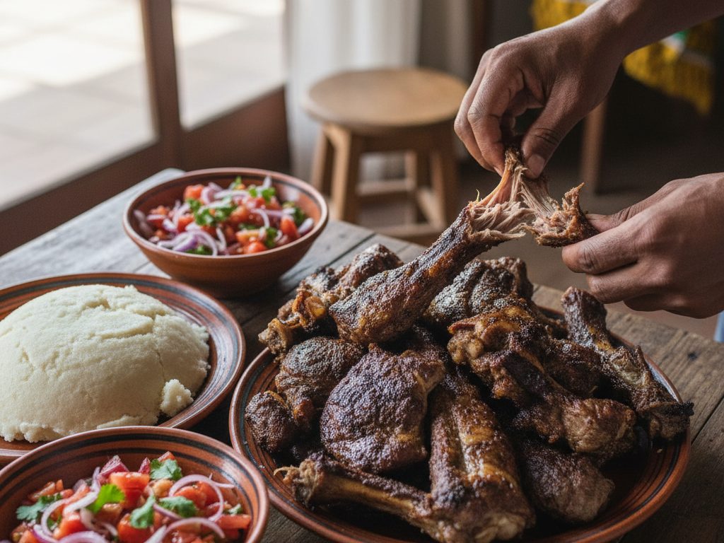 Grillattua lihapaloja lautasella tomaattisalaatin kera