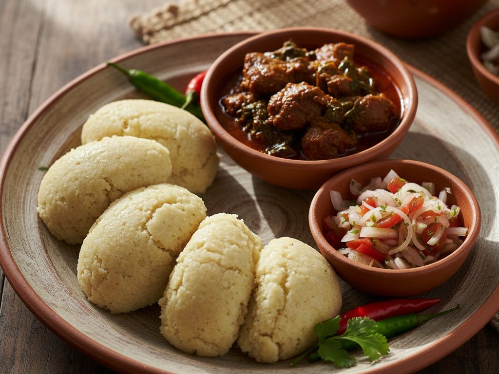 Ugali-annos lautasella kastikkeen kera