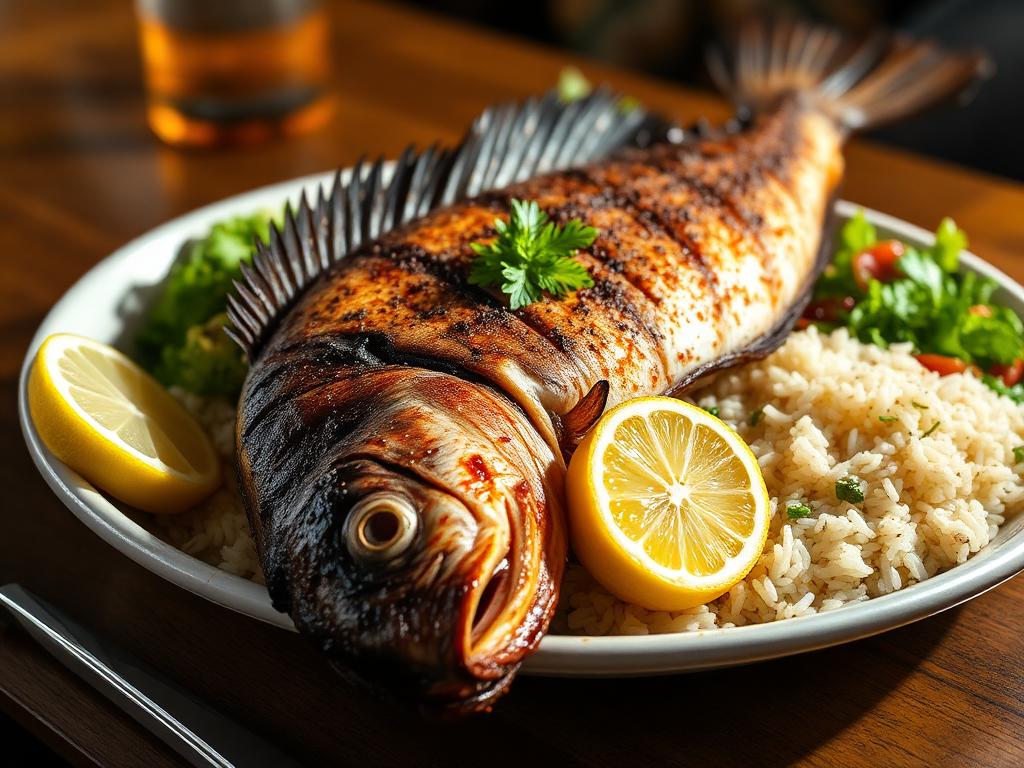 Kokonainen grillattu kala mausteilla lautasella riisin kanssa