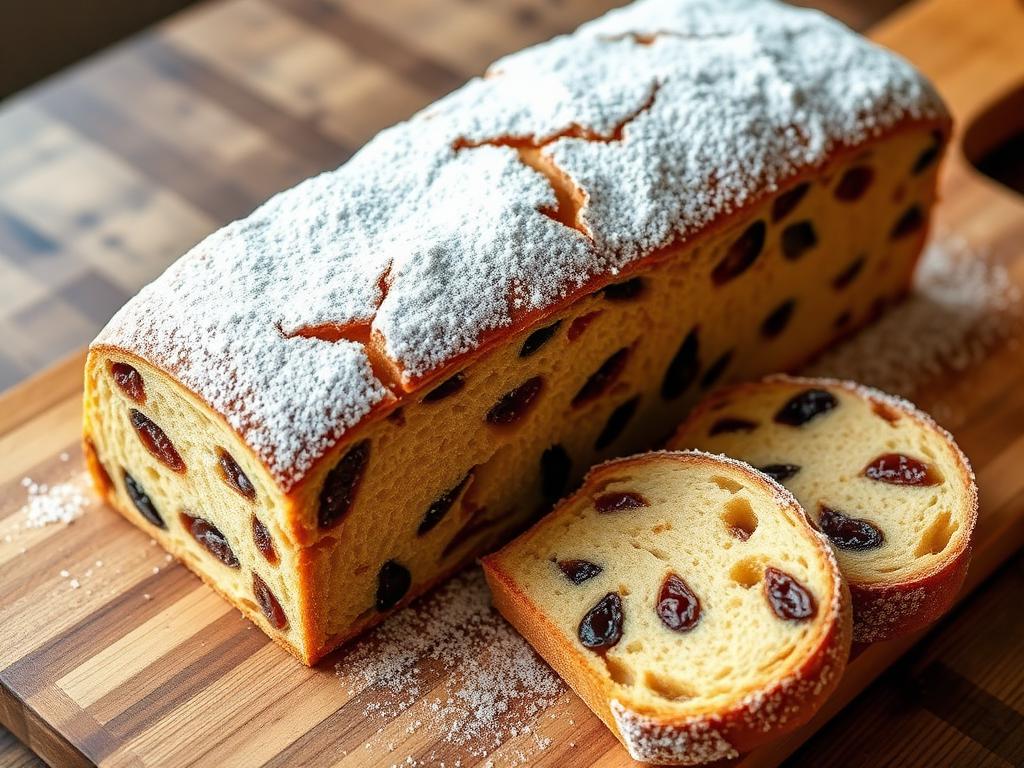 Tomusokerilla peitetty pitkulainen hedelmäleipä viipaloituna
