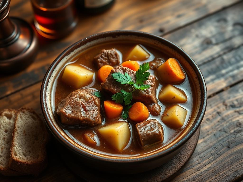 Lammaspataa perunoiden ja porkkanoiden kanssa syvässä kulhossa