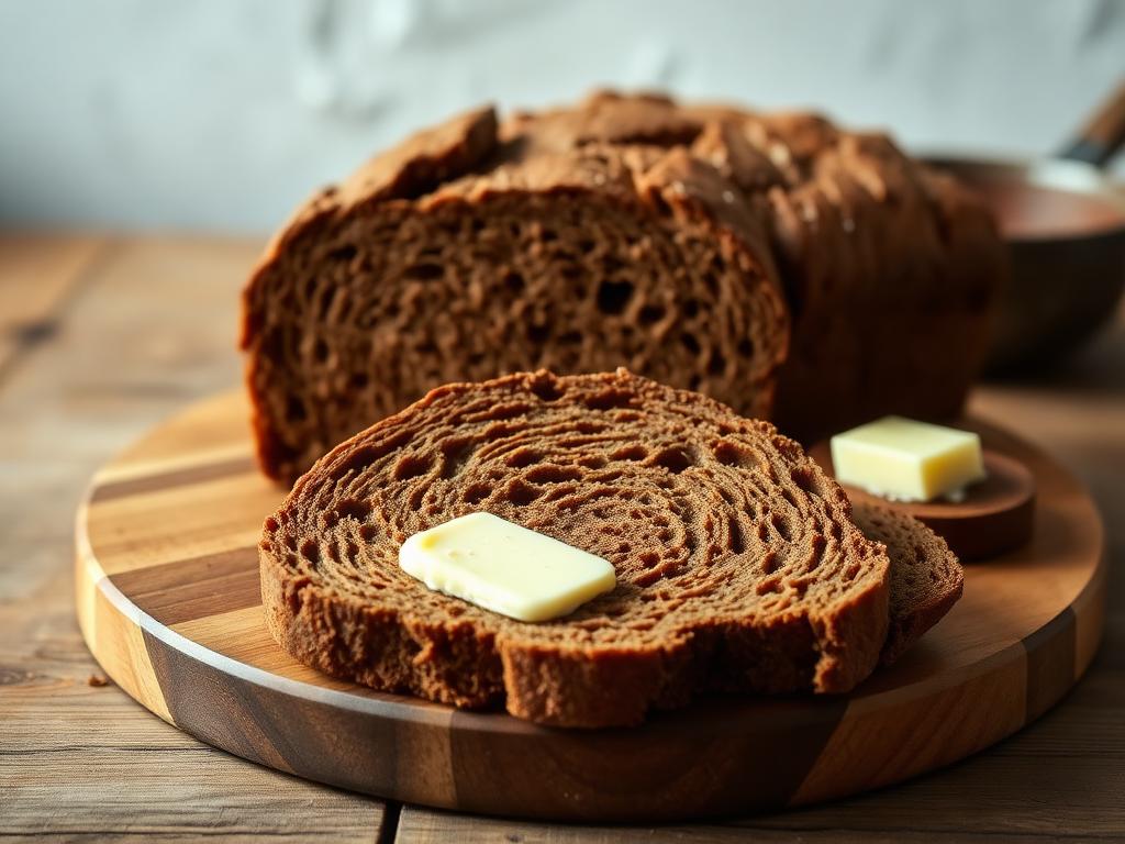 Pyöreä ristiviilletty soodaleipä leikkuulaudalla voin kanssa
