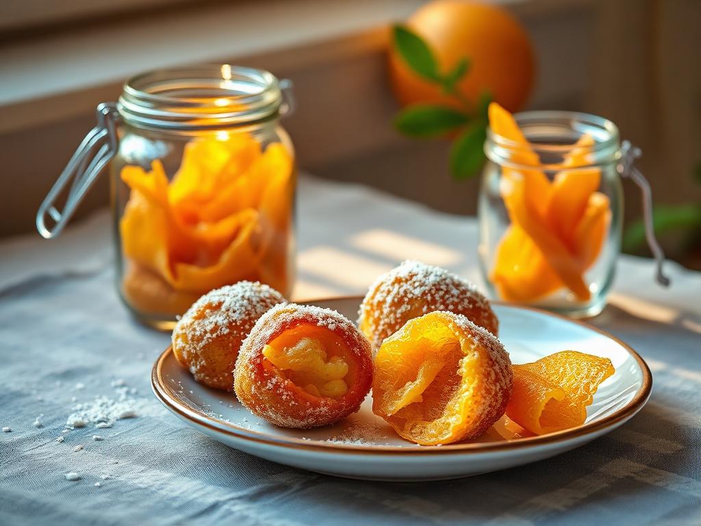 Sokeroituja appelsiininkuorisuikaleita lautasella