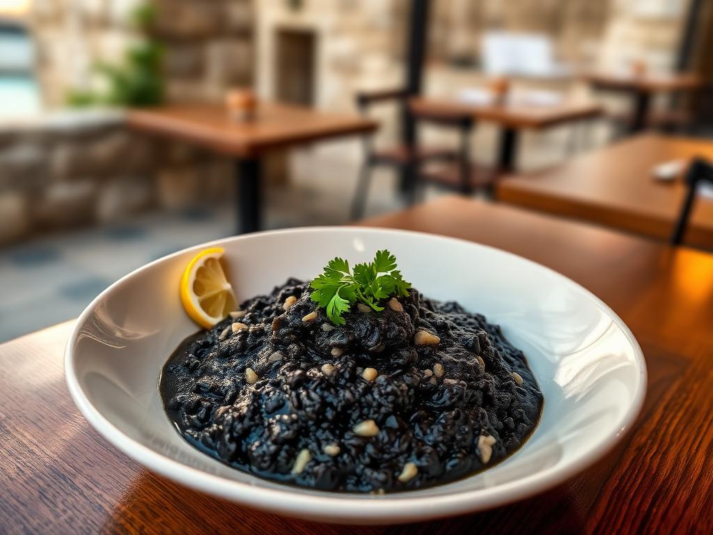 Musta risotto merenherkkujen kera lautasella