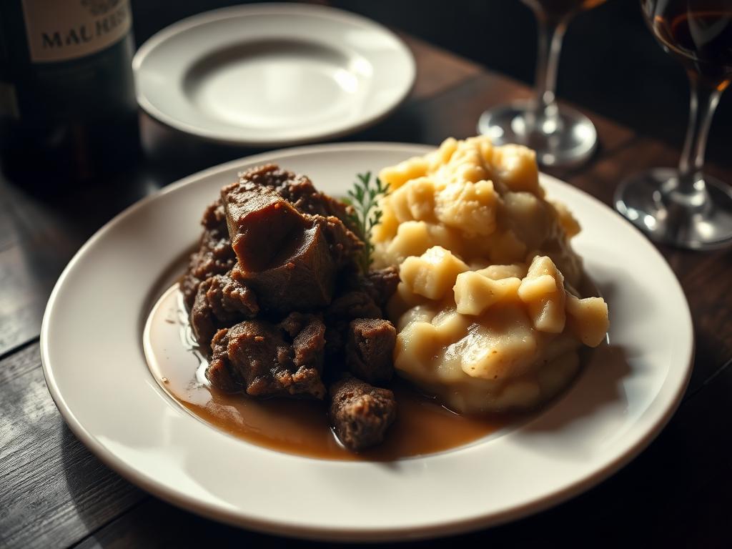 Haggis-annos lanttu- ja perunamuusin kanssa lautasella kastikkeen kera