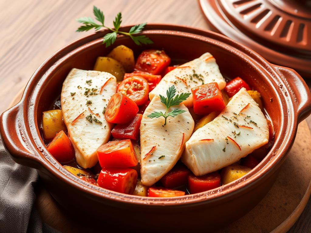 Kalaa ja vihanneksia savisessa tagine-padassa