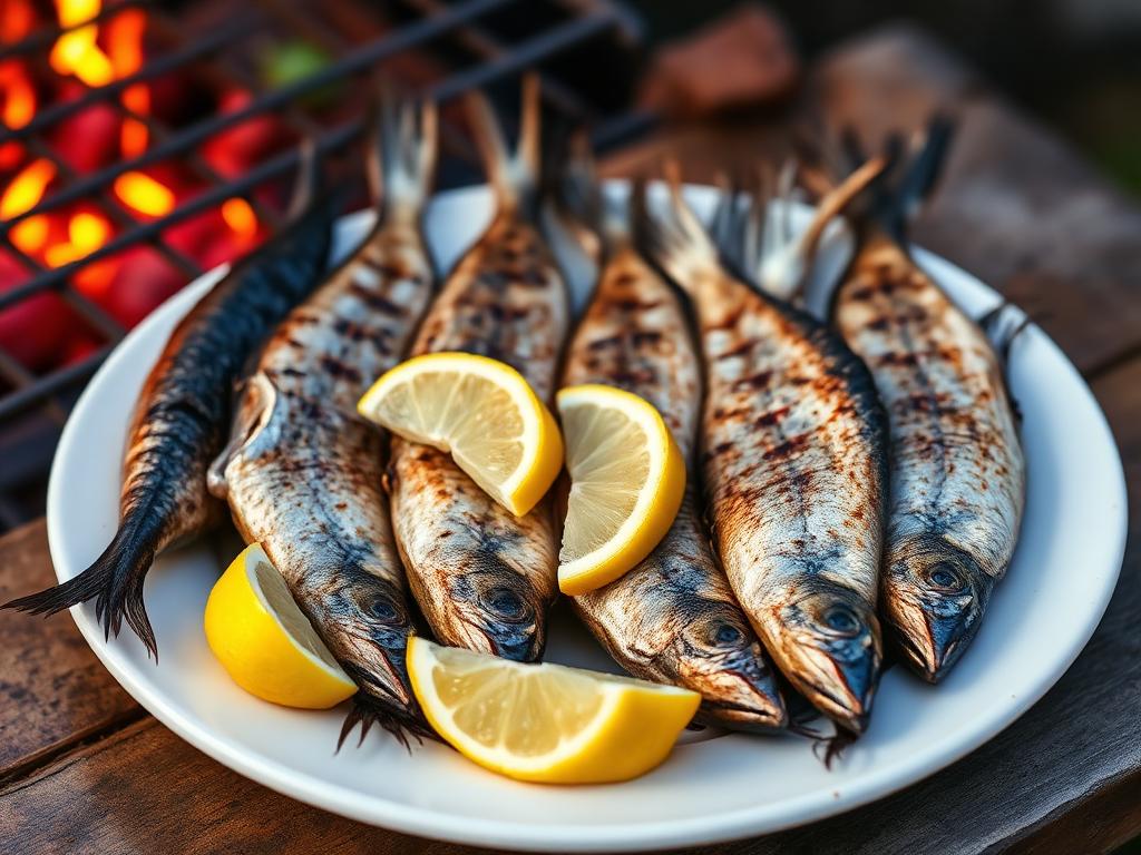 Hiiligrillattuja sardiineja lautasella sitruunalohkojen kanssa